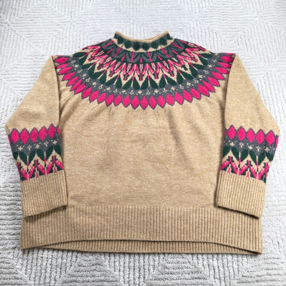 CeCe Fair Isle Sweater Womens Large Tan Pink Nordic Alpine Apres Ski Cabin Core